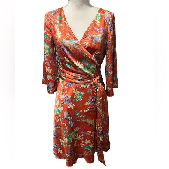 Y Apparel Kimono Style Floral Knee Length Dress Deep Pink Coral Flare Sleeve M - Picture 1 of 12